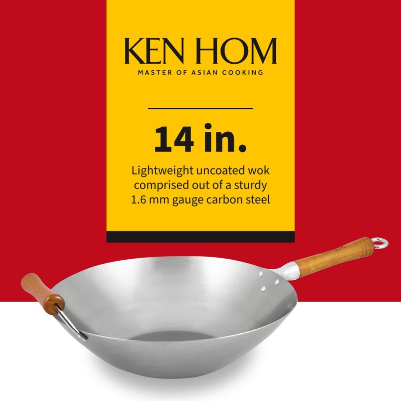 Ken Hom Flat Bottom Stir Fry Wok, 14", Carbon Steel - Image 2